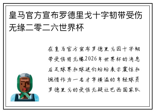 皇马官方宣布罗德里戈十字韧带受伤无缘二零二六世界杯